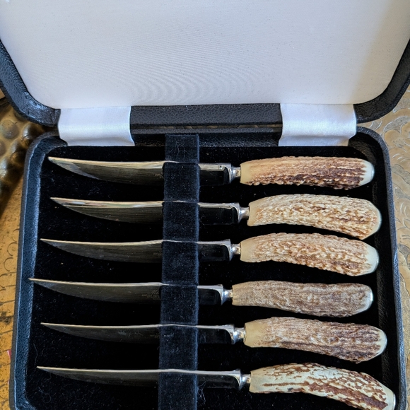 Antique Stag/Antler Horn Steak knives Set 6 Made In England - Picture 3 of 8